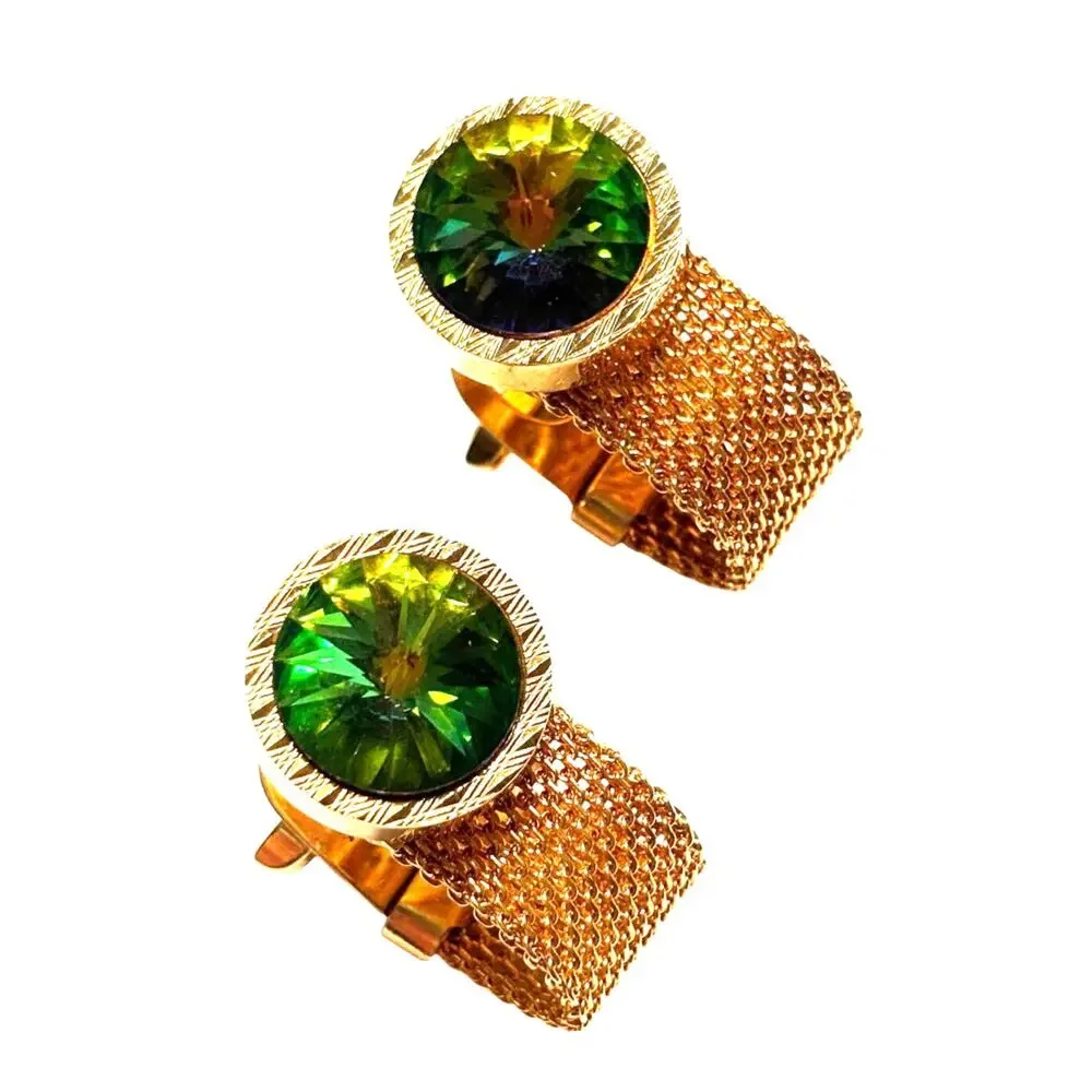 Gold wrap Cufflinks Rivoli style watermelon green & pink stones vintage 1970s